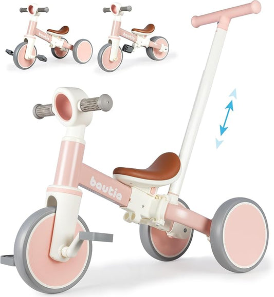 Kids Tricycle for Toddlers 1-3 with Push Handle, 5 in 1 Baby Balance Bike Toy for 1-4 Years Old Boys Girls Gift with Removable Pedals (No Parent Steering Version)