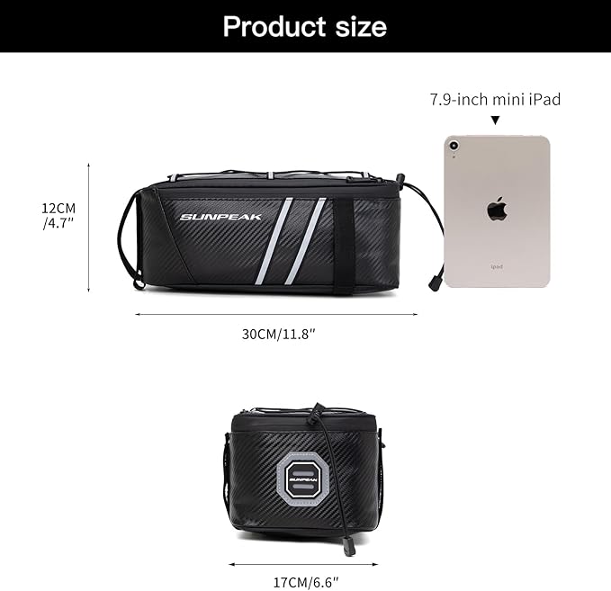 Bike Rear Rack Bag Waterproof Ebike Mountain Bicycle Saddle Bag 7L Cycling Pannier Trunk with Reflector & Adjustable Cord for Commuter Travel Outdoor