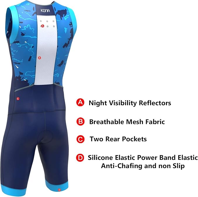 KONA Mens Assault Triathlon Race Suit - Sleeveless Skinsuit Padded Cycling Tri Suit for Swim Bike Run