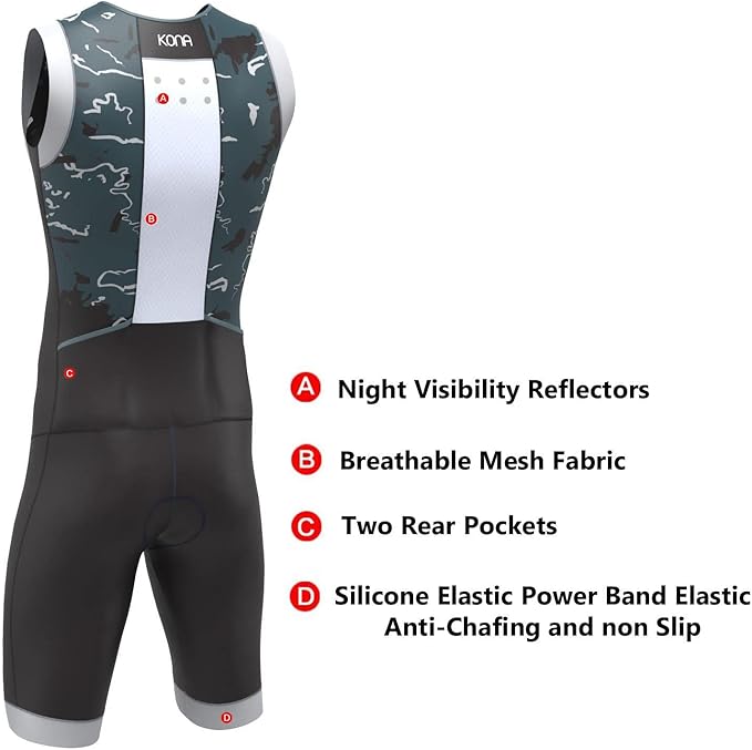 KONA Mens Assault Triathlon Race Suit - Sleeveless Skinsuit Padded Cycling Tri Suit for Swim Bike Run