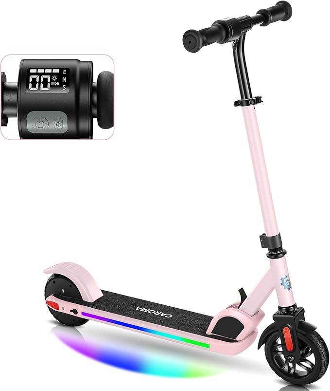 Caroma Electric Scooter for Kids Ages 6-14, 180W/150W Motor & 10 Mph, 85 Mins Ride Time, Adjustable Height & Speed, LED Display & Colorful Lights, Kids Electric Scooter, Best Gifts for Girls and Boy