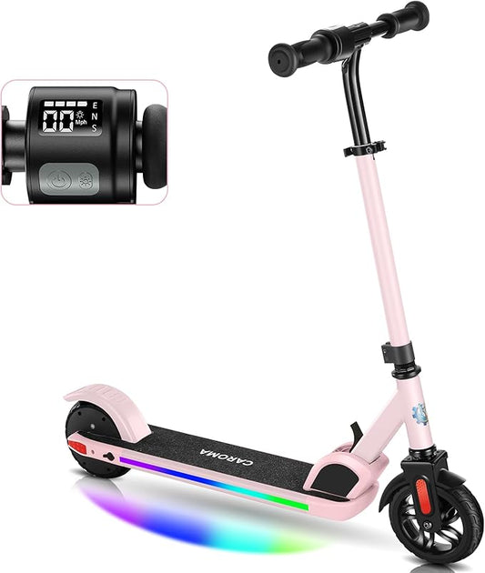 Caroma Electric Scooter for Kids Ages 6-14, 180W/150W Motor & 10 Mph, 85 Mins Ride Time, Adjustable Height & Speed, LED Display & Colorful Lights, Kids Electric Scooter, Best Gifts for Girls and Boy