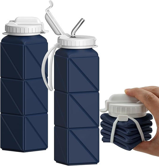 Collapsible Water Bottles with Straw 20.6oz, Silicone Foldable Portable Water Bottle, Lightweight Reusable Leakproof for Travel Camping Hiking Cycling Yoga Sports, 1 Pack (Dark Blue)