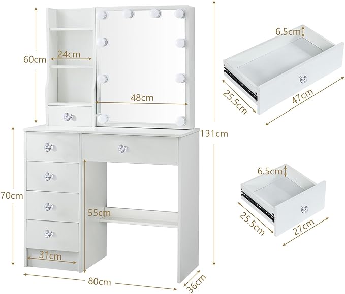Hollywood Vanity Desk with Mirror and Drawers, Large Tabletop, 3 Color Modes Lighted Mirror Dressing Table, Makeup Vanity Set with Cushioned Stool for Girls and Women