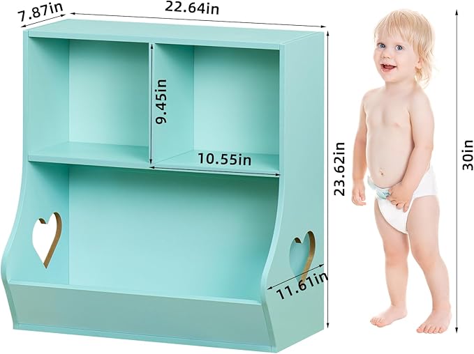 Lerliuo Baby Toddler Bookshelf and Storage Organizer, Kids Cabinet and Bookcase, Wooden 3 Cubby Children Book Shelf for Playroom, Bedroom, Nursery, School 23.62'' H (Green)