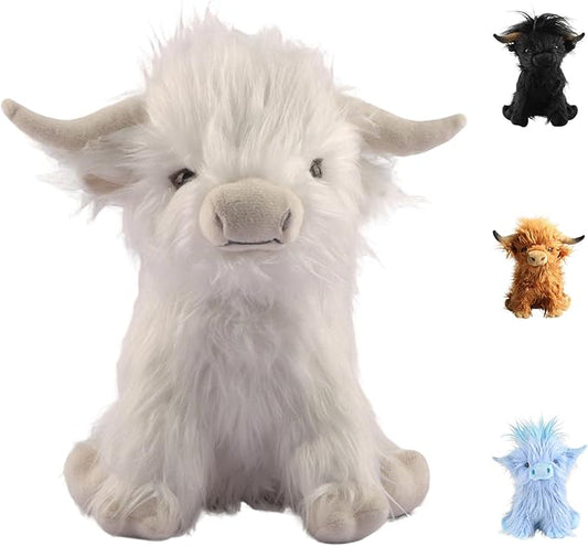 Highland Cow Fluffy Stuffed Animal, 10" Adorable Realistic Plush Toy Soft Cute Cow Plushie Home Decor Gift for Boys Girls Kids Teens Adults, White
