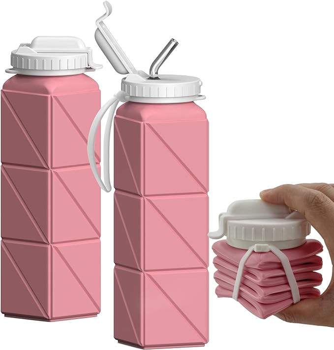 Collapsible Water Bottles with Straw 20.6oz, Silicone Foldable Portable Water Bottle, Lightweight Reusable Leakproof for Travel Camping Hiking Cycling Yoga Sports, 1 Pack (Pink)