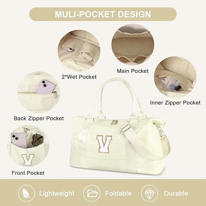 Dance Gym Duffel Bag for Teen Girls, Personalized Initial Travel Weekender Bag,Cute Overnight Carry On Duffle for Women,Sports Travel Cheer Bag,Monogram Christmas Gifts for Tween Preppy(beige-V)