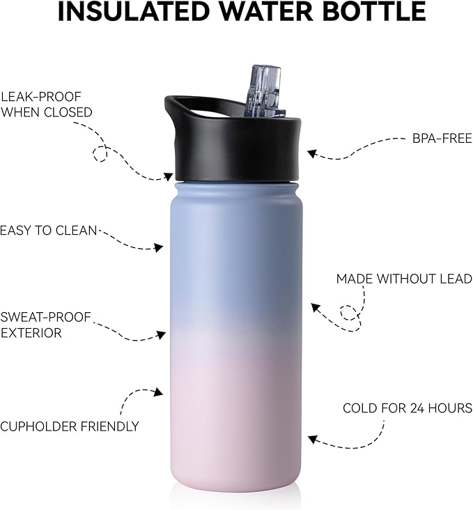 16 oz Insulated Water Bottle Bulk 8 Pack, Straw & Spout Lid, Keep Cold 24H, Spill Proof, BPA-Free, Double Wall, Stainless Steel Kids Water Bottles for School, Sports, Pink Blue Gradient
