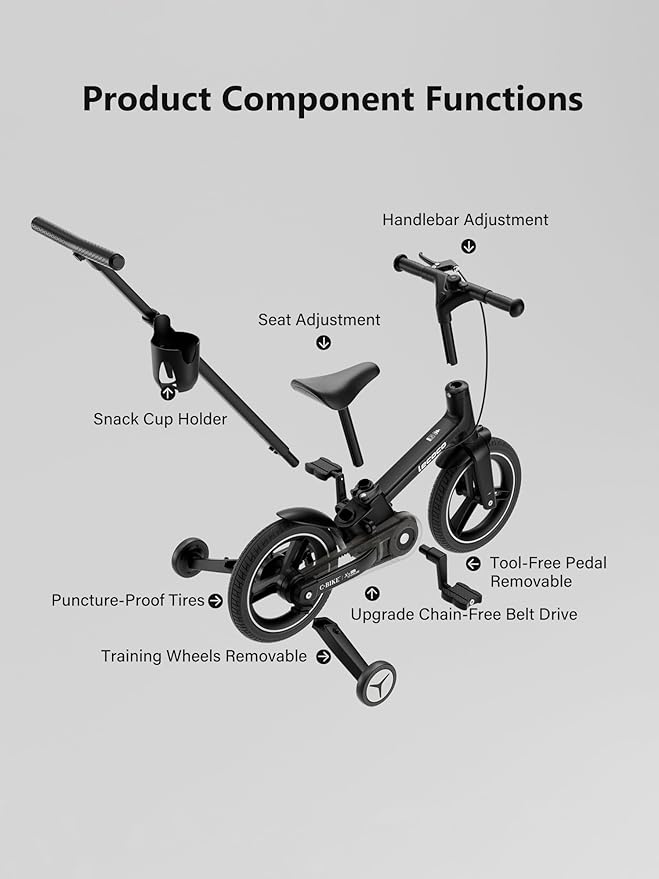 lecoco Upgraded Toddler Bike with Push Handle 6 in 1 for Kids, Balance Bicycle Toys with Training Wheels, Brackes, Cup Holder, Pedal, Kickstand Birthday Gift for Boys and Girls