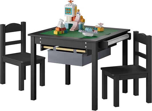 Treocho Wooden Kids Table and Chair Set with Reversible Tabletop, 2 in 1 Toddler Desk with Storage Drawers, Kids Activity Table with Blocks Building Baseplate for Playing, Reading, Drawing, Black