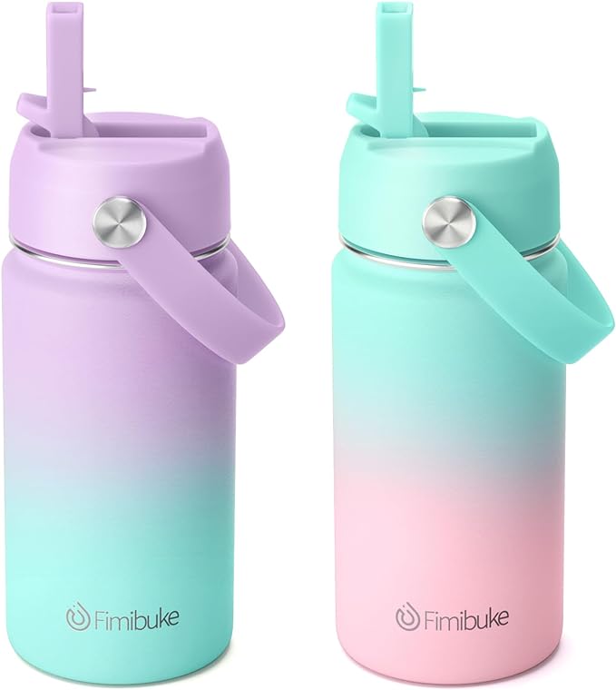 Fimibuke Kids Insulated Water Bottle - 14oz BPA-FREE 18/8 Stainless Steel Travel Tumbler Leak Proof Double Wall Vacuum Kid Cup with Straw Metal Water Bottle for School Boys Girls（2 Pack, Candy/Bubble）