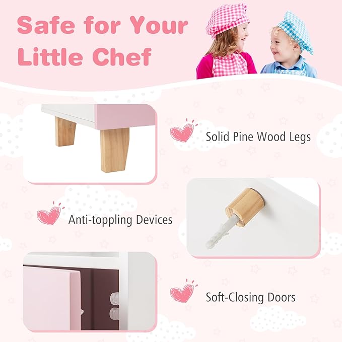 HONEY JOY Kids Kitchen Playset, Wooden Little Girls Toy Kitchen Set with Lights, Ice Maker, Cookware, Range Hood, Stove, Storage Cabinet, Blackboard, Pretend Play Kitchen for Toddlers, Pink
