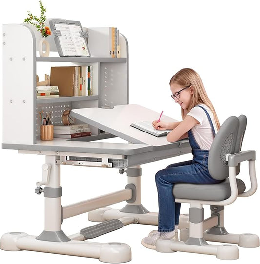 Kids Desk and Chair Set, Height Adjustable Study Table with Bookshelf & Storage Drawer, 0-50° Tiltable Desktop, Ergonomic Study Desk for Boys and Girls Ages 3-12 (Grey)