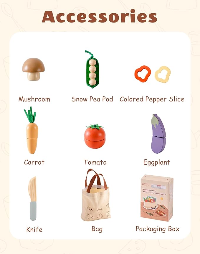 ROBUD Wooden Toy Food Set, Cutting Play Food for Kids Kitchen Accessories Pretend Toy Food Playset with Storage Bag, Toys Gifts for Girls Boys Age 3+, Vegetable Set