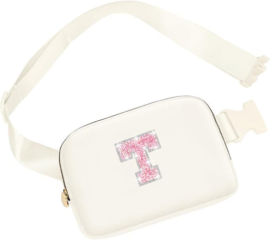 Gifts for Girlfriend, Girlfriend Birthday Gifts, Personalized Fanny Pack Crossbody Bag Belt Bag with Initial letters, Waist Packs with Adjustable Strap, Cute Preppy Girly Trendy Stuff (Cream, T)