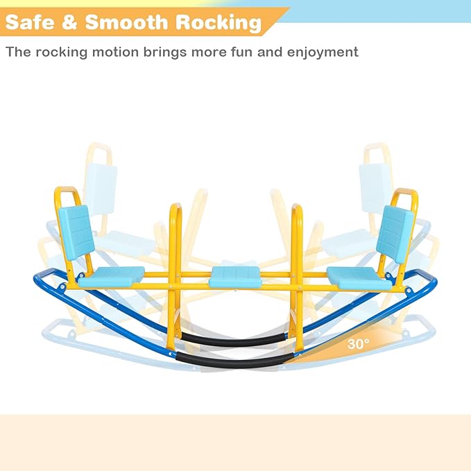 3-Person Teeter Totter Seesaw, Sit and Spin 360° Rotating Rocking Toy for Toddlers, Heavy Duty Metal Seesaw for Kids Outdoor, 3-Seater Backyard Playground Equipment for Ages 3-8 (Blue)
