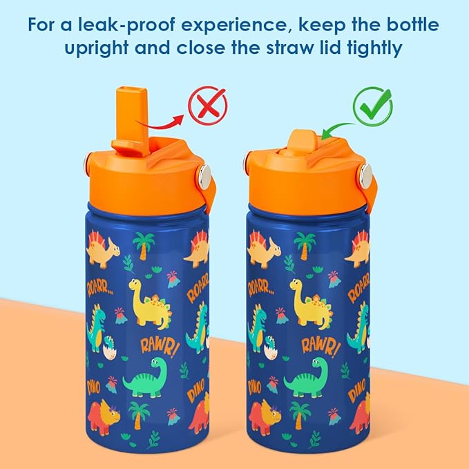 SANDJEST Kids Water Bottle with Straw Lid, Pack of 2 Insulated 12 Oz Stainless Steel Water Bottles for Boys, Travel Cup for School Sports, School Bus - Dinosaur
