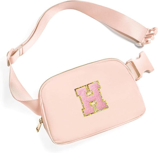 Gitus 6 7 8 9 10 Year Old Girl Gifts Belt Bag Fanny Pack Crossbody Bags with Initial Letter Patch Things for Teen Girls Easter Gifts for Girls Travel Essentials（Coral Pink-H）