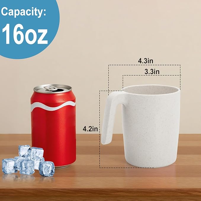 Wheat Straw Cups 16 OZ, Unbreakable Coffee Mugs Set of 6, Alternatives to Plastic Drinking Cups Reusable, Dishwasher Safe Tea Cups for Kitchen, Camping, Farmhouse - White