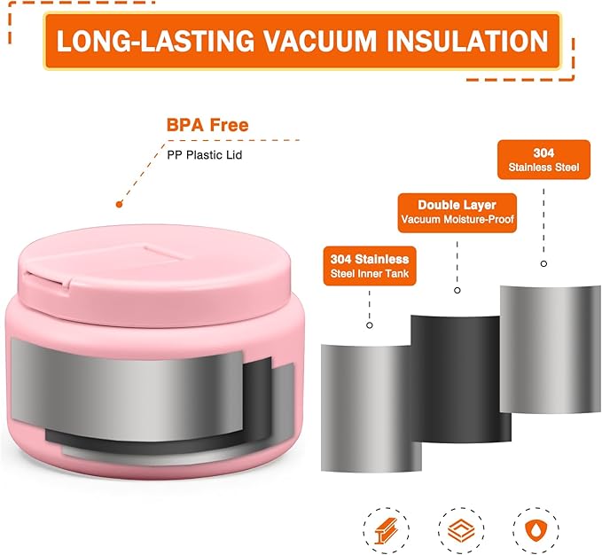 13.5oz Kids Jar for Hot Food, Insulated Vacuum Food Jar with Buckle Lid, Stainless Steel Wide Mouth Leak Proof Insulated Lunch Container for School Picnic Travel,Pink