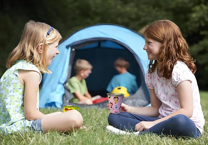 LOZACHE Stainless Steel Kids Cups, 4 Pack 12oz Metal Drinking Pint Cup with Fun Prints (Unicorn, Mermaid, Dinosaur, Vehicles), Stackable Drinking Glasses, BPA Free, Reusable for Home Party Camping