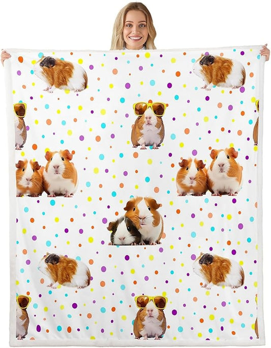 Guinea Pig Fleece Throw Blanket for Girls Boys Kids Cute Cavy Sherpa Blanket Decorative Cartoon Lovely Pet Animal Plush Blanket Colorful Polka Dots Fuzzy Blanket for Sofa Bed Couch 40x50 Inch