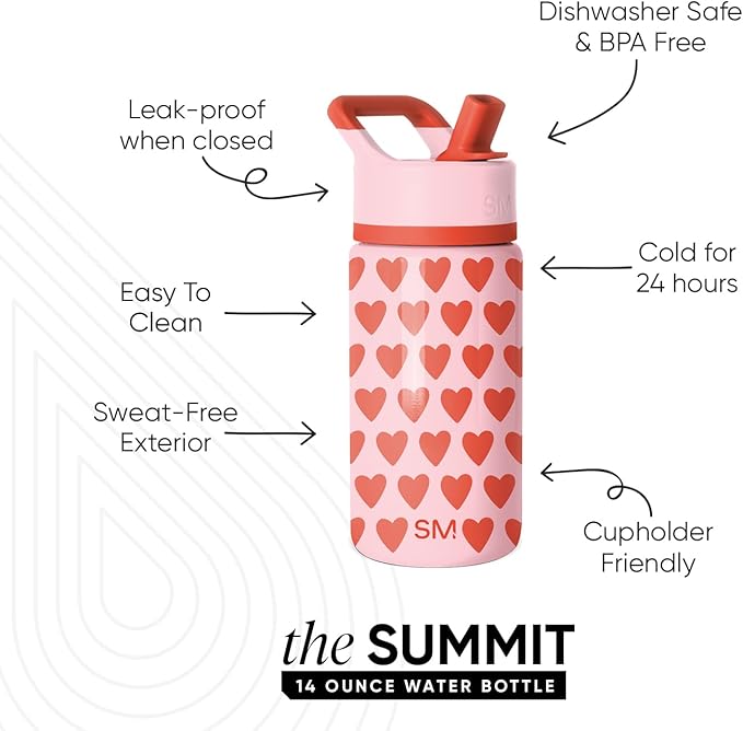 Simple Modern Kids Summit Water Bottle with Straw Lid | 14oz Stainless Steel Cup Insulated Tumbler Tumbler for Girls, School | Sweetheart