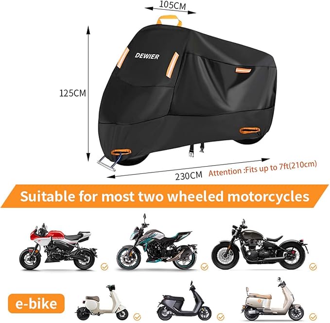 Motorcycle Cover Waterproof Outdoor, 420D Heavy Duty, XL90.5in, All Season Protection, Windproof Clasps, Storage Bag, Night Reflective Design, Fits Motorcycles, 1-2 Bikes Ebikes