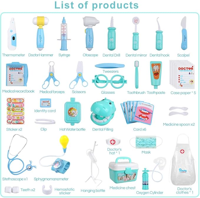 Anpro 46Pcs Medical Toy Kids Doctor Pretend Play Kit, Pretend Play Set with Stethoscope for Kids Doctor Role Costume Dress-Up, Birthday Gifts