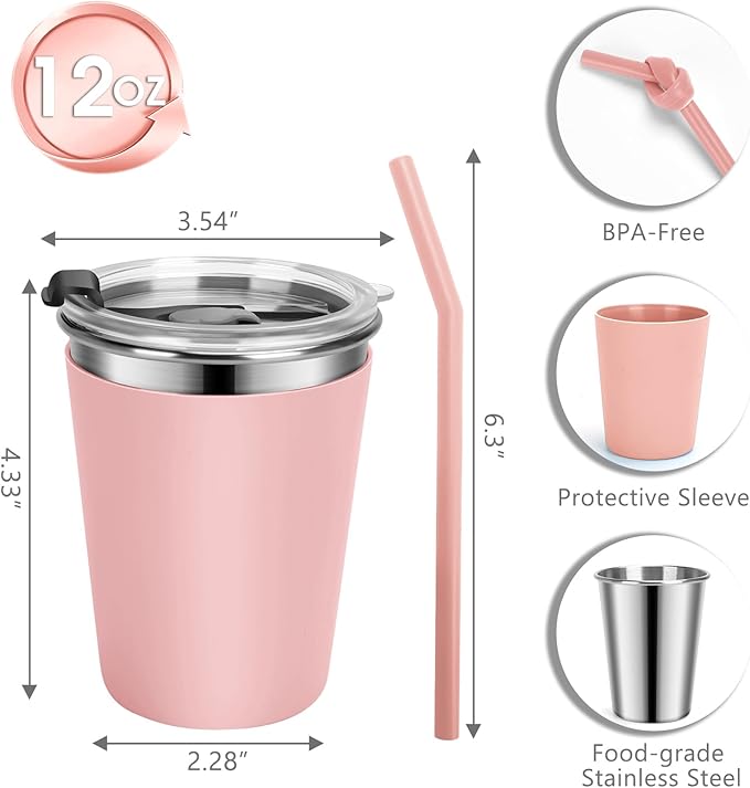 Kids Cups with Straws and Lids Leak Proof, 12oz Sippy Cups for Toddlers 1-3, 2 Pack Spill Proof Cup Stainless Steel Kids Cups with Lids for School, Outdoor (Pink & Cyan)