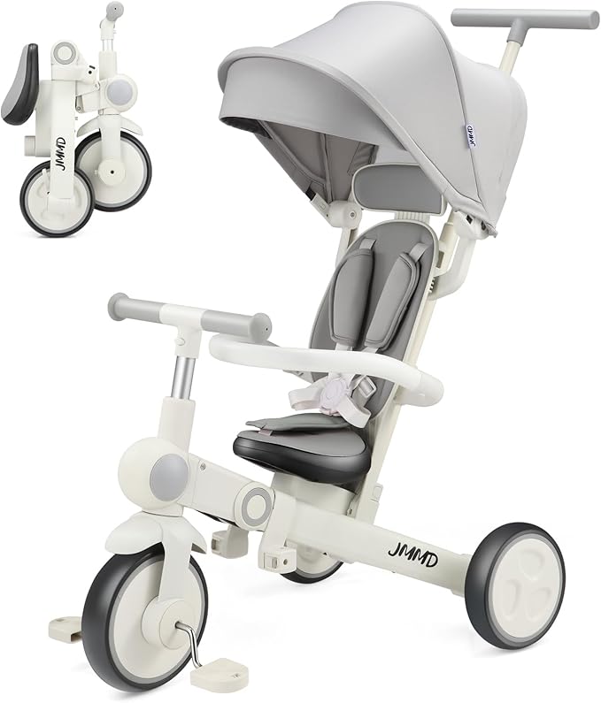 JMMD Baby Tricycle, 7-in-1 Multifunctional Kids Trike with Adjustable Parent Handle, Safety Harness & Wheel Brakes, Removable Canopy, Stroll Trike for Boys & Girls Ages 18 Months-5 Years, Gray