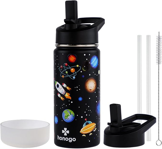 16 oz Stainless Steel Insulated Kids Water Bottle, Leak Proof Metal Thermal Flask with Straw lid, Cute Toddler Tumbler Cup for School Girls & Boys (Black, Space)