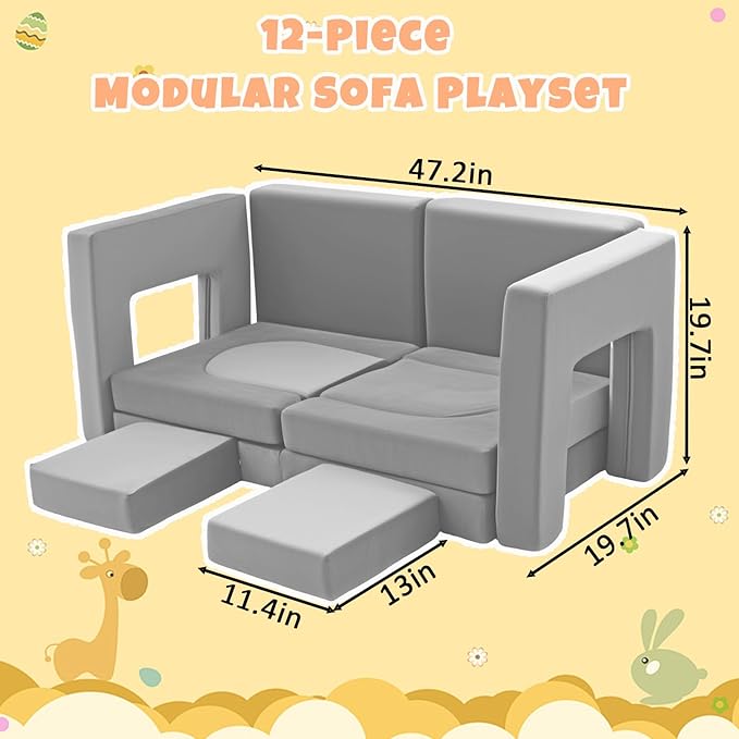 12Pcs Modular Kids Play Couch Multifunctional Foam Toddler Sofa Convertible Kids Sofa Playroom Bedroom Furniture Floor Foam Explorer Couch with Building Fort Feature for Boys and Girls (light gray)