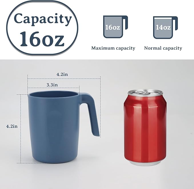 16oz Wheat Straw Cups with handles set of 6-Plastic Cups Reusable-Unbreakable Kids Mugs-Dishwasher Safe & Microwave Safe-Ideal Plastic Mugs for Tea,Coffee,Camping,RV-Navy Blue