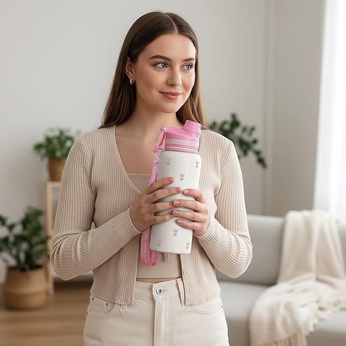 Tulip Stainless Steel Water Bottle with Strap 32oz, Insulated Bottles with Straw and Spout Lid for Gym Sports Travel Outdoor, Gifts for Women Girls Birthday Christmas