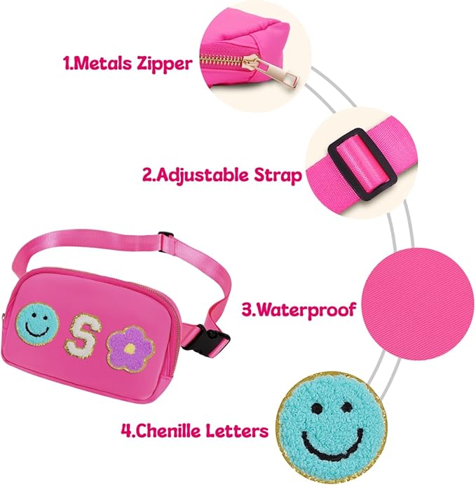 Fanny Pack For Girls Pink Kid Crossbody Bag Chenille S Letter Preppy Belt Bag, Christmas Birthday Graduation Gifts For Girl Teen Daughter Sister, Personalized Nylon Fanny Packs