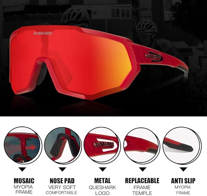 Queshark Cycling Glasses, Sports Sunglasses for Men Women, 1 Polarized 2 HD Lens, Polarized Sunglasses for Cycling Running
