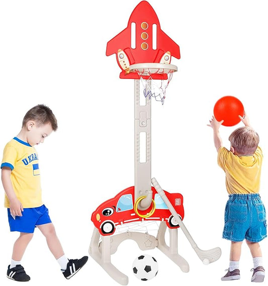 CYFIE Kids Basketball Hoop Toys with Football, Golf, Ring Toss, 4-in-1 Adjustable Height Toddler Activity Center Set for Girls Boys Sports Gifts Indoor Outdoor (Red)