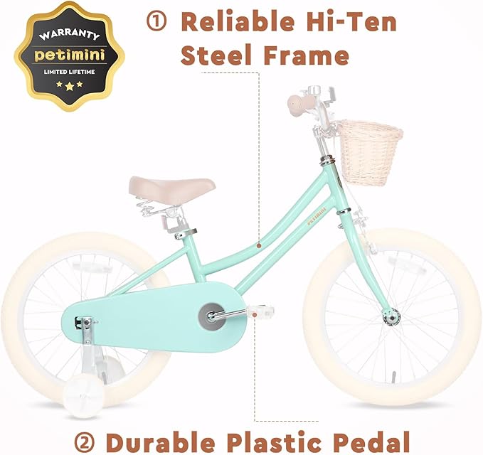 Petimini Girls Bike with Basket for 2-12 Years Old Kids, 12 14 16 18 20 Inch Bicycle with Bell Training Wheels Basket, Multiple Colors