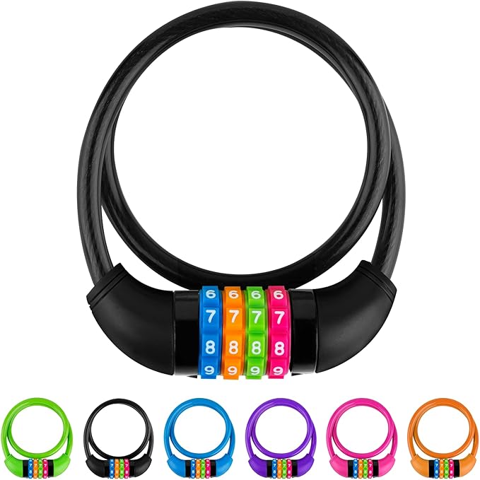 Bike Lock Cable, 4-Digit Combination With Metal Lock Head, Resettable, 2 Feet x 0.45 in, for Bicycle, Scooter, Skateboard, Motorcycle, E-Bike (Black)
