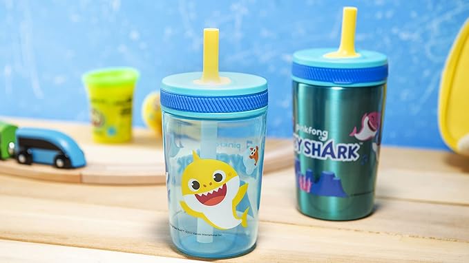 Zak Designs Baby Shark Kelso Tumbler Set, Leak-Proof Screw-On Lid with Straw, Bundle for Kids Includes Plastic and Stainless Steel Cups with Bonus Sipper (3pc Set, Non-BPA)