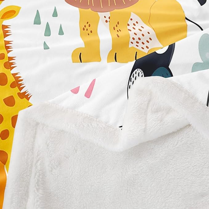 Kids Zoo Animal Sherpa Blanket Cute Wild Animals Fleece Throw Blanket Cartoon Safari Wild Print Plush Blanket for Boys Girls Children Teens Bedroom Decor Exotic Natural Fuzzy Blanket Queen 90x90 Inch