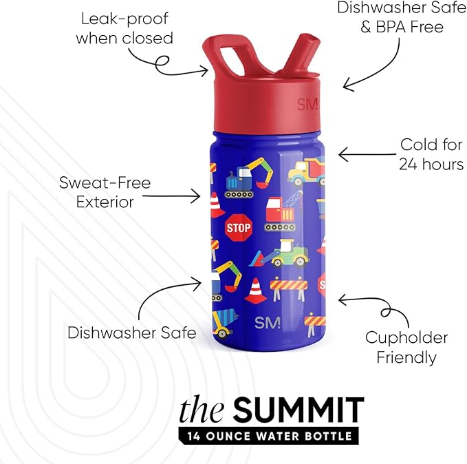 Simple Modern Kids Summit Water Bottle with Straw Lid | 14oz Stainless Steel Cup Insulated Tumbler for Toddlers, School | Under Construction