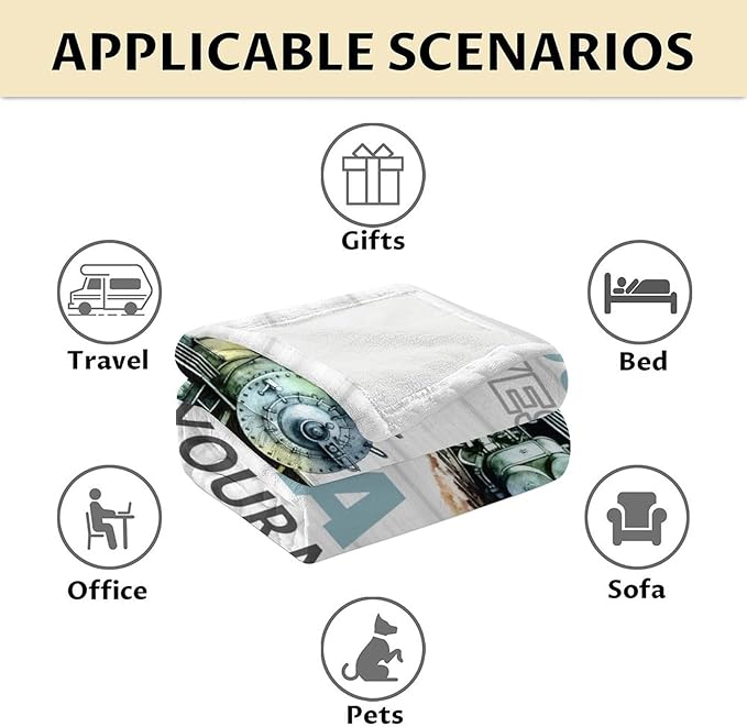 Personalized Train Blanket with Name - Soft, Fuzzy & Warm - 30"x40" Small Blanket for Couch, Office - White Cute Throw Gifts for Boys