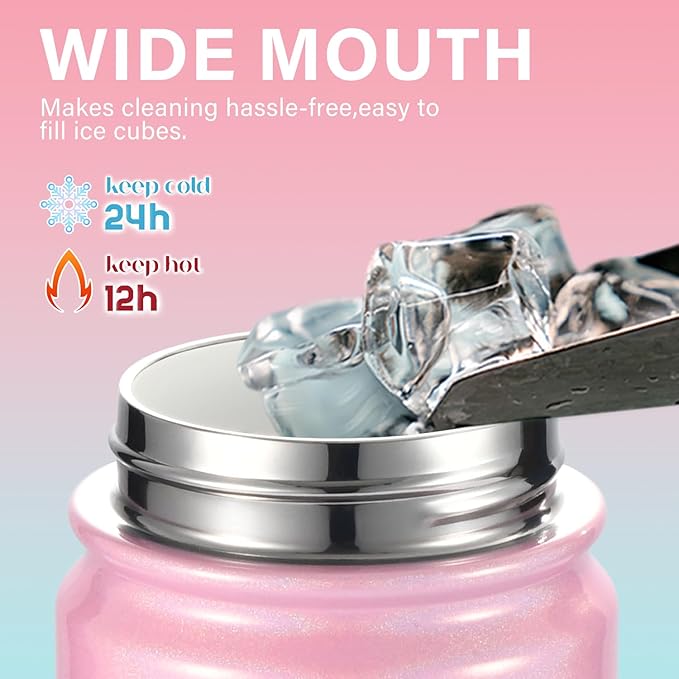 Mininoo Kids Water Bottle for School - 16 oz Stainless Steel Insulated Water Bottle with Ceramic-Lined, Leakproof Straw Lid & Beaded Handle for Girls & Boys