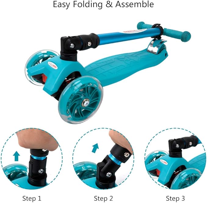 ChromeWheels Foldable Scooters for Kids, Deluxe Kick Scooter 4 Adjustable Height 132lbs Weight Limit 3 Wheel, Lean to Steer LED Light Up Wheels, Best Gifts for Girls Boys Age 3-12 Year Old