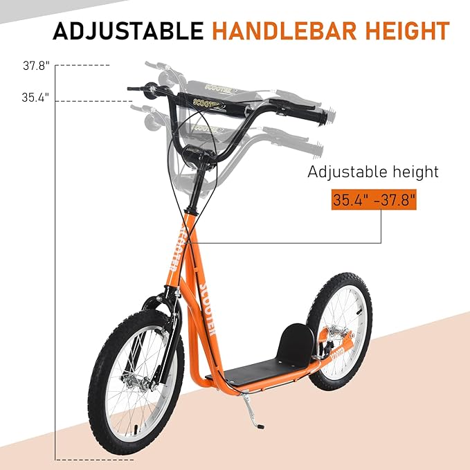 Aosom Youth Scooter Kick Scooter for Kids 5+, Max Load 220 LBS., with Adjustable Handlebar, 16" Inflatable Wheels, Dual Brakes