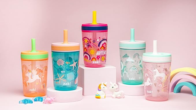 Zak Designs Kelso Toddler Cups For Travel or At Home, 15oz 2-Pack Durable Plastic Sippy Cups With Leak-Proof Design is Perfect For Kids (Fanciful Unicorn, Happy Skies)