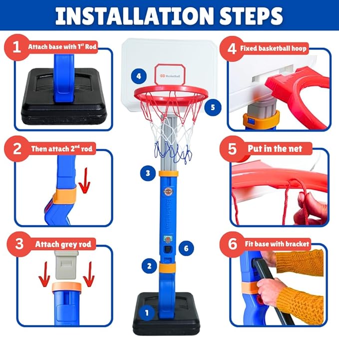 Toddler Basketball Hoop Adjustable for Kids – Grow-with-Me Indoor & Outdoor Basketball Hoop for Toddlers 1-3 with Mini Basketball, Pump, Stable Base, Height Adjustable 2.5 to 5.5 Feet